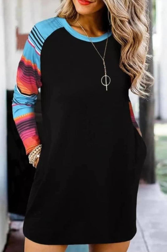 Comfy Dress with Striped Sleeves and Pockets