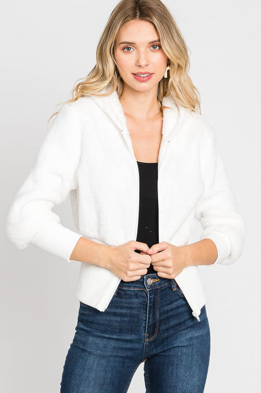 Soft Fur Jacket with Zipper, Hood & Tighter Waist