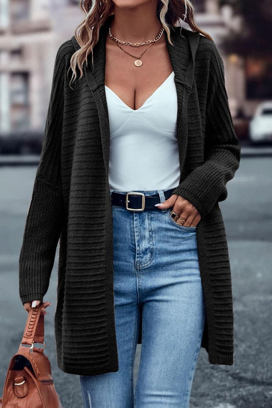 Hooded Ribbed Open Front Cardigan Sweater