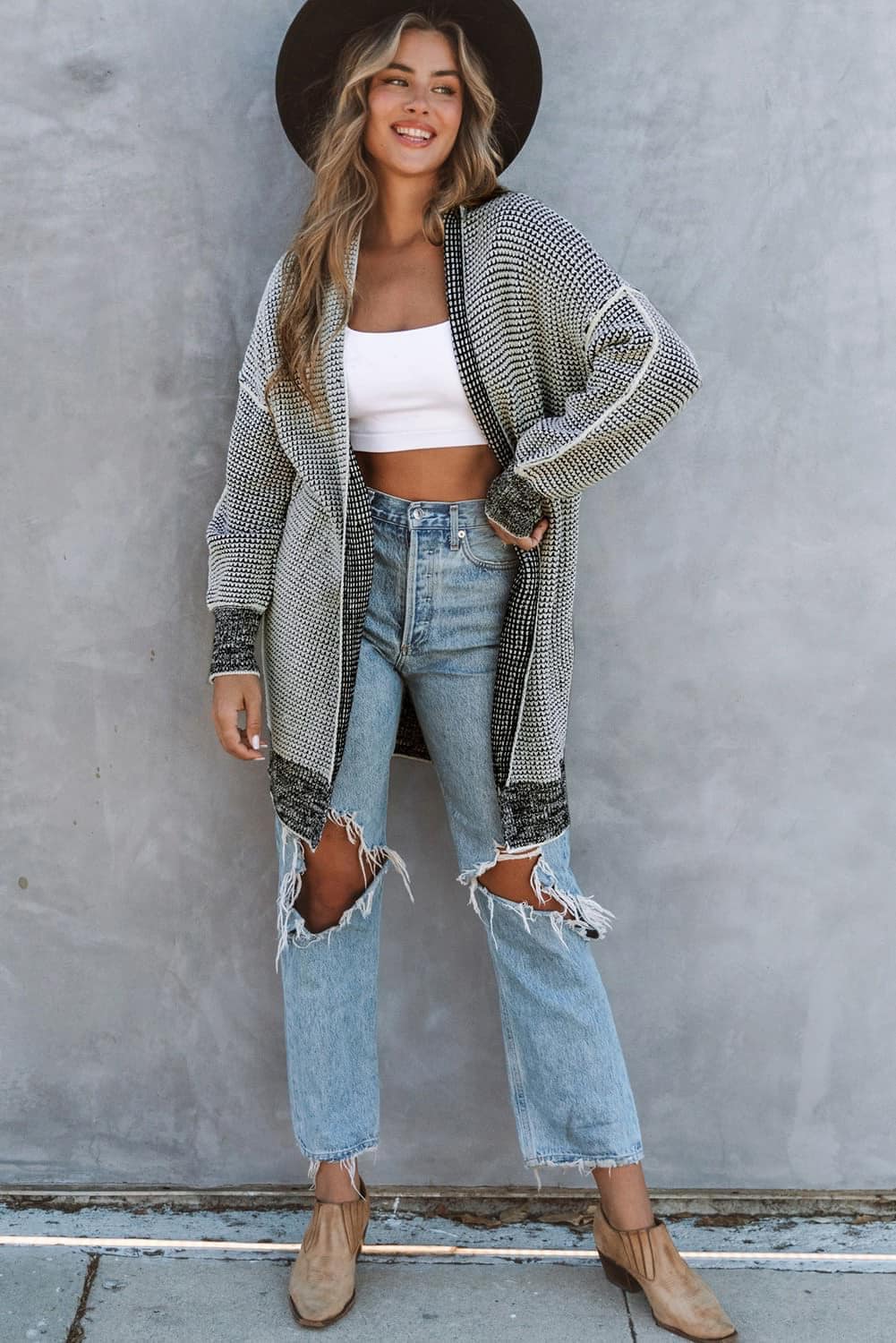 Bubble Sleeve Open Front Cardigan Sweater