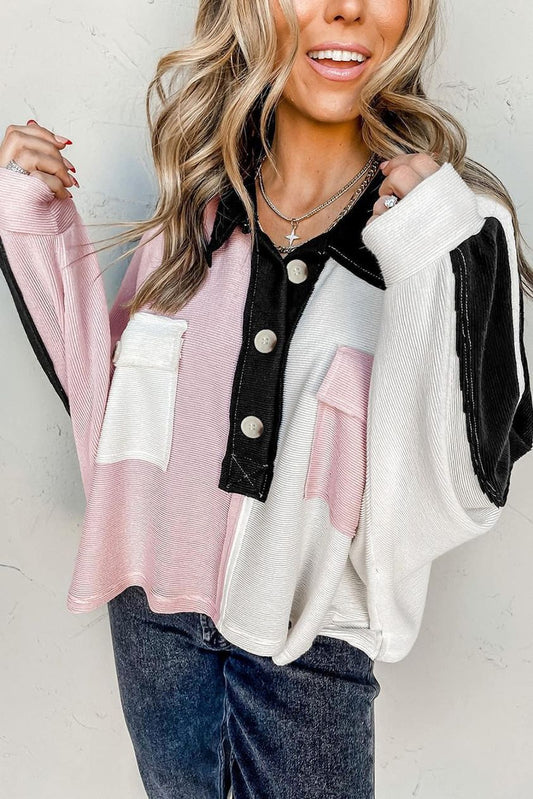 Color Block Loose Fit Top with Buttons