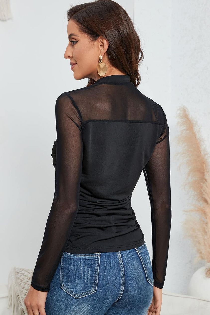 High Neck Meshed Top with Sheer Long Sleeve