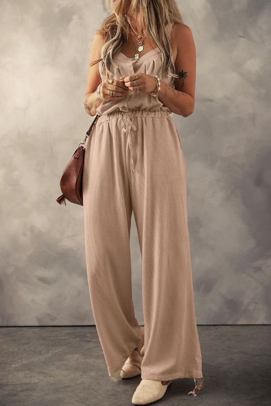 Waffle Knit Jumpsuit with  Pockets, Buttons & Drawstring  Waitband