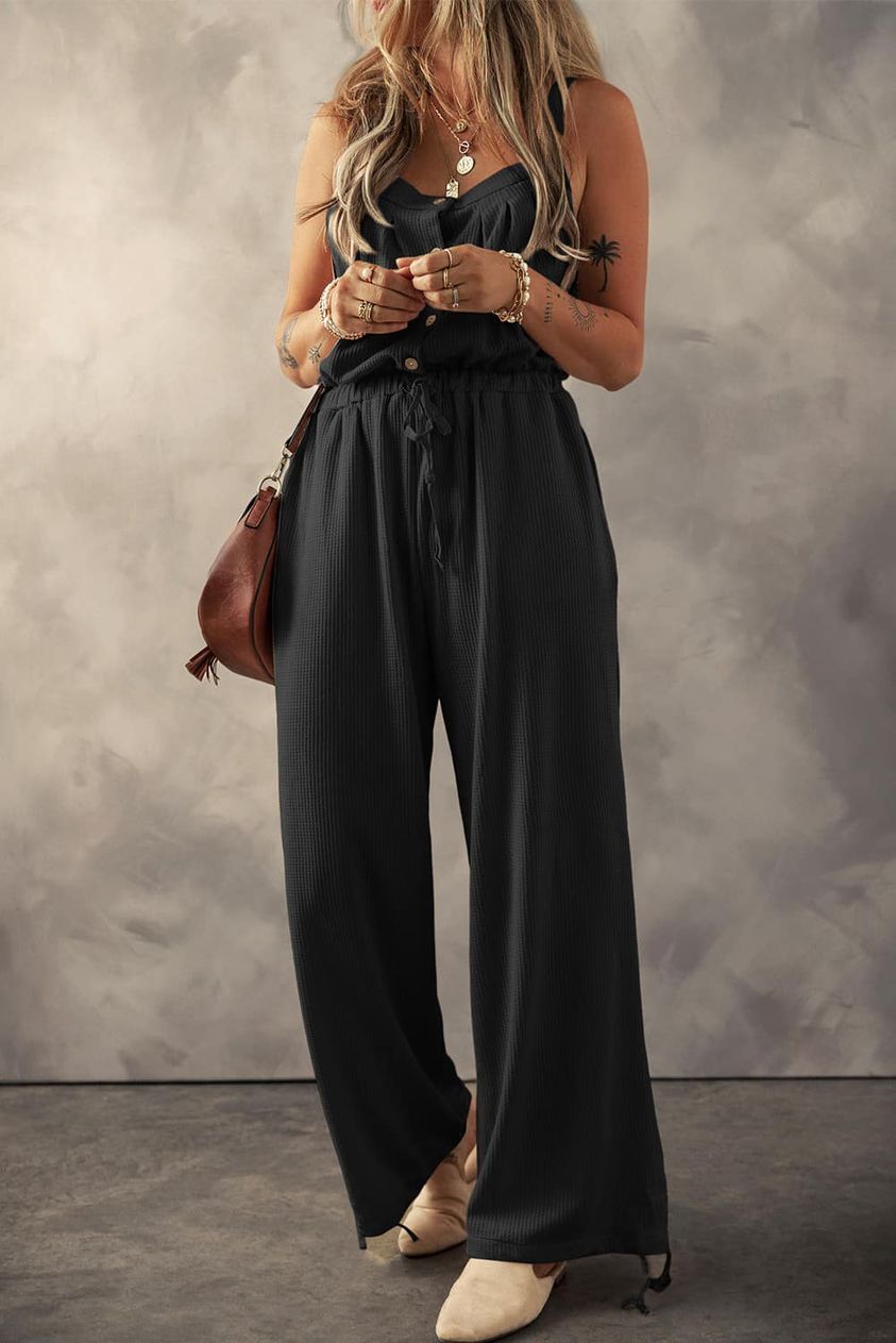 Waffle Knit Jumpsuit with  Pockets, Buttons & Drawstring  Waitband