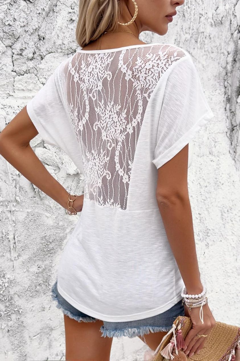 Short Sleeve Top with  Ruching in Front and Lace in Back