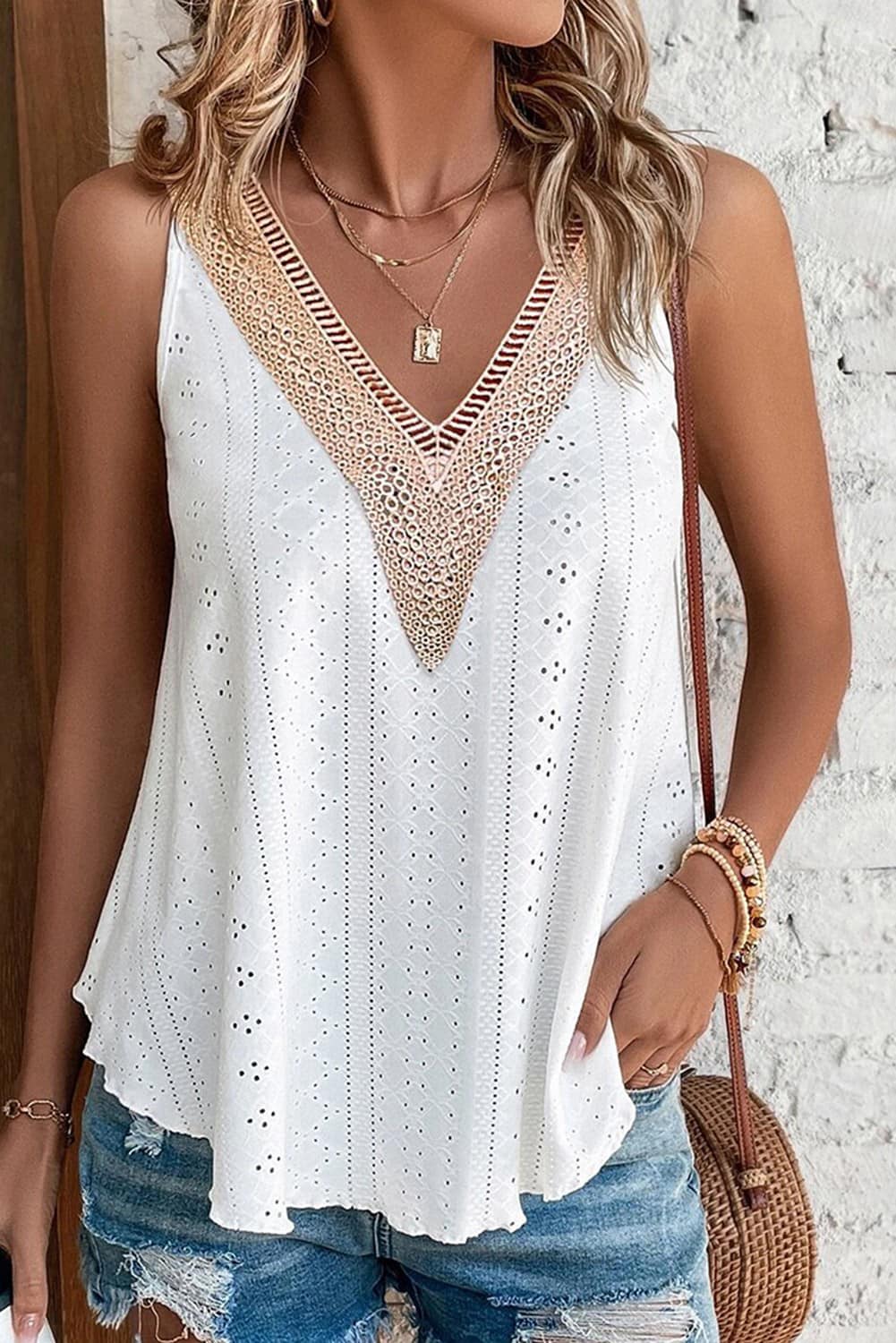 Loose Fit Sleeveless Top wity Crochet Neckline