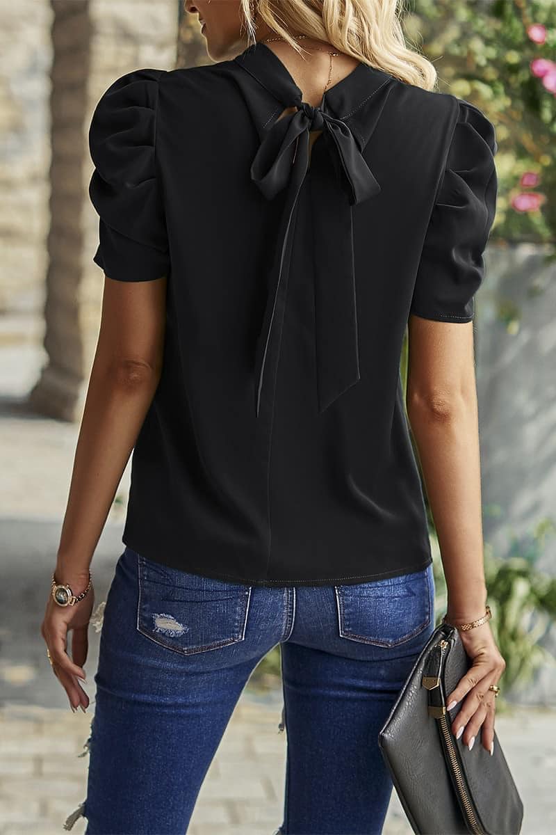 Tie Back Silky Short Sleeve Top With Puff Sleeve