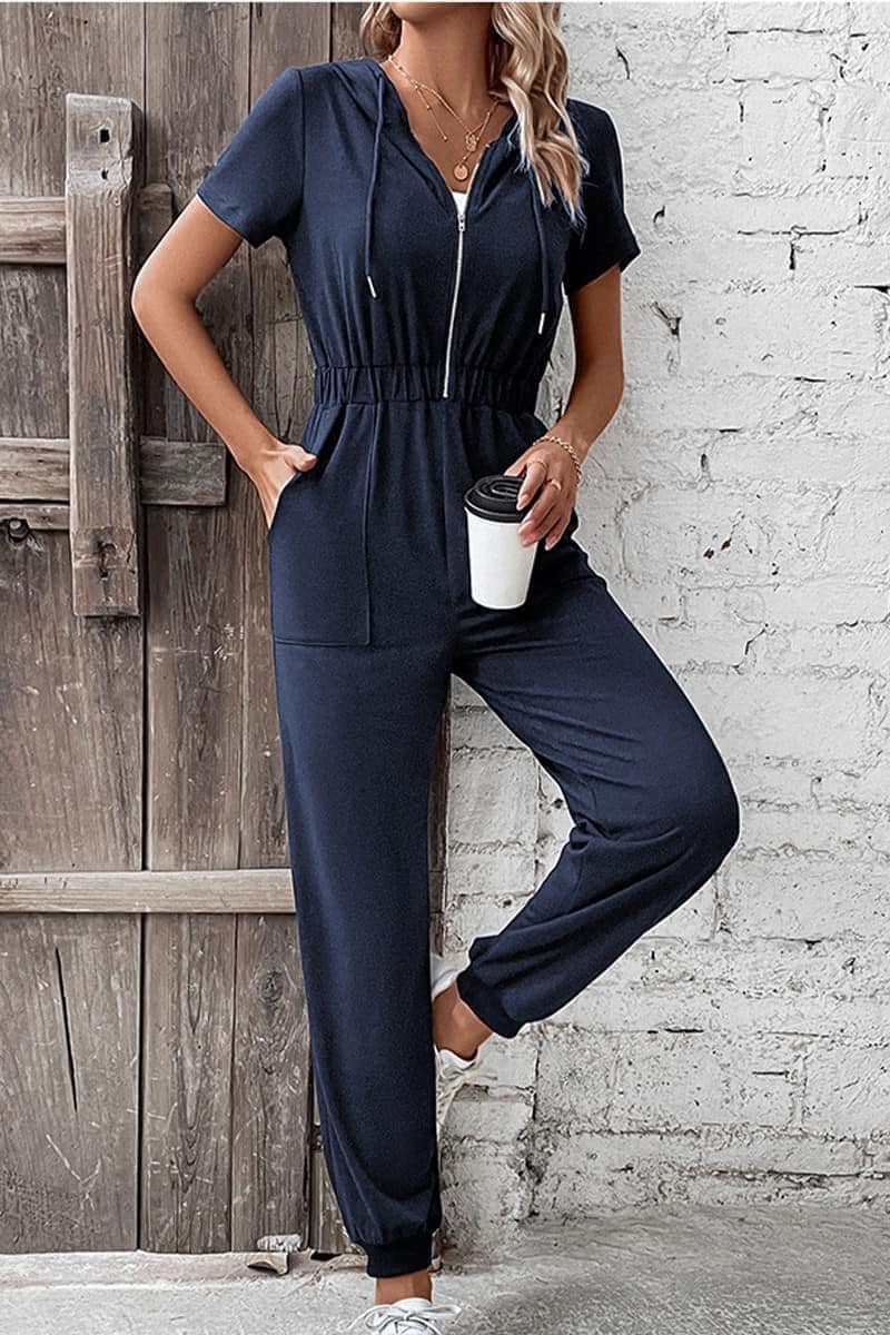 Casual Jumpsuit with  Pockets, Zipper & Hood