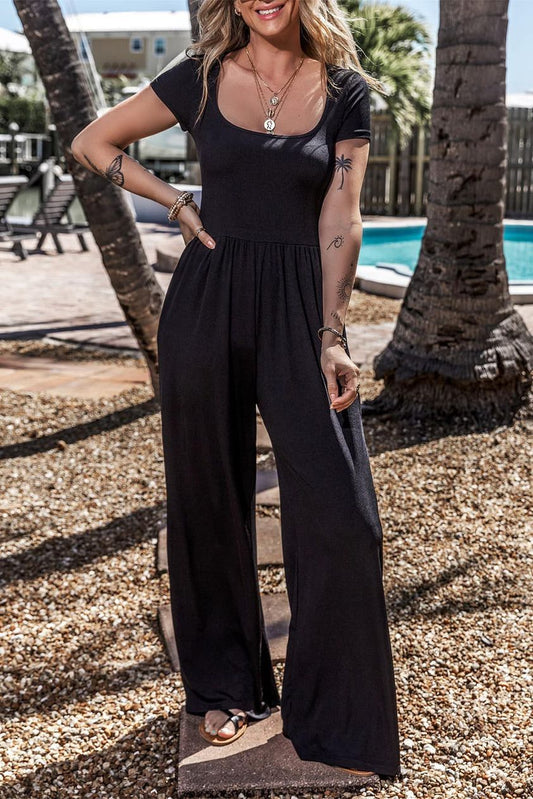 Short Sleeve Jumpsuit with  Pockets & Wide Legs