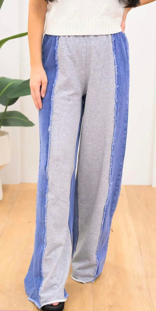 Mixed Fabric Denim/Sweat Pants