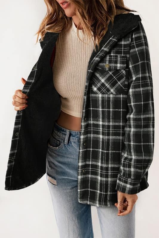 Sherpa Lined Plaid Shacket With Pockets & Hood