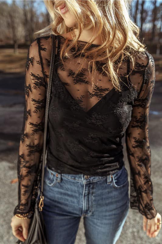 Sheer Long Sleeve Overlay Top with Detached Cami