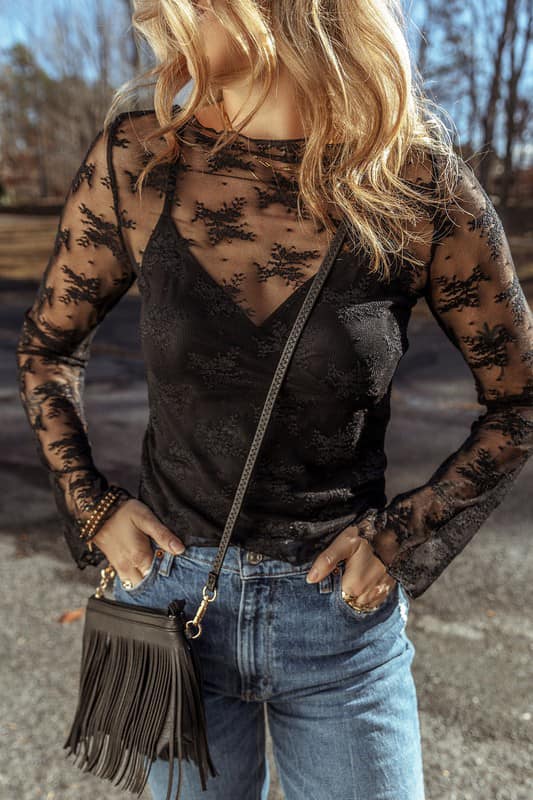 Sheer Long Sleeve Overlay Top with Detached Cami