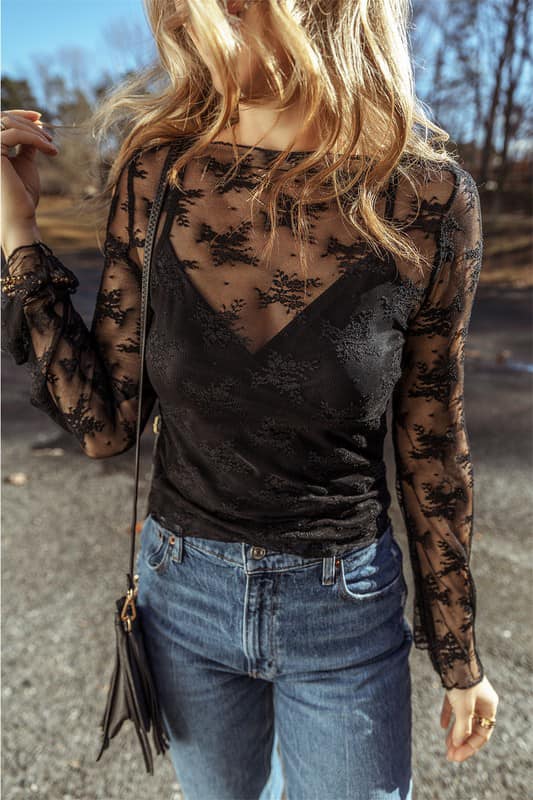 Sheer Long Sleeve Overlay Top with Detached Cami