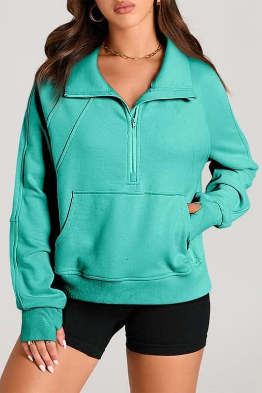 Front Pocket Half Zip Pullover With Thumbhole