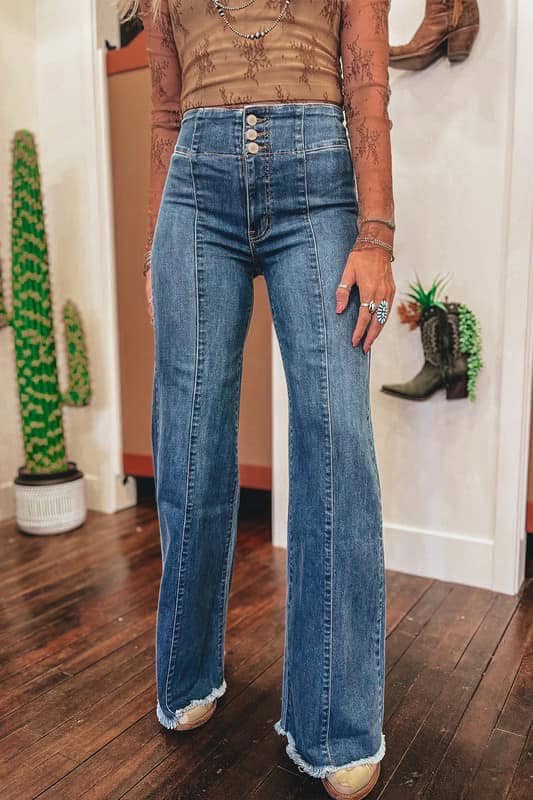 High Waist Button Fly Flare Jeans