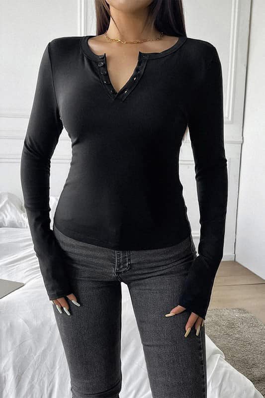 Long Sleeve Stretchy Top with Buttons