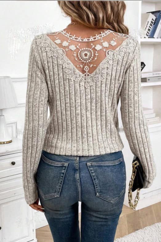 Super Soft Ribbed V Neck Top     With Lace Back Detail