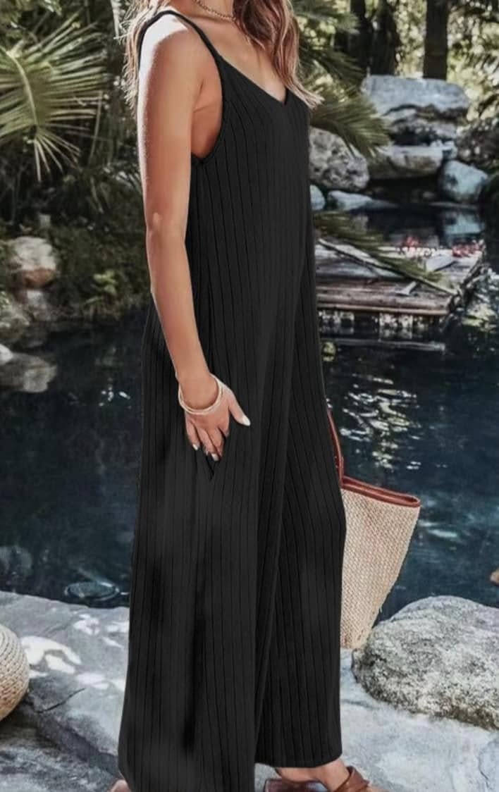Ribbed Pants Romper with  Pockets & Spaghetti Straps