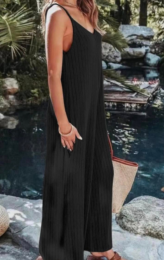 Ribbed Pants Romper with  Pockets & Spaghetti Straps