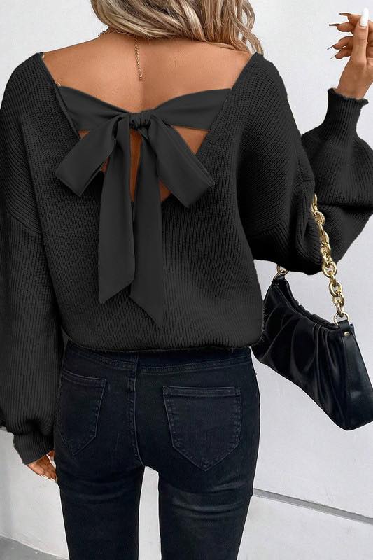 V Neck Sweater with Open Bow Back