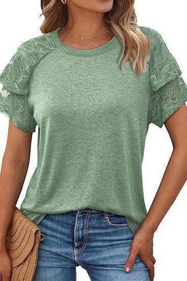 Short Sleeve  Top with Ruffled Lace Sleeves