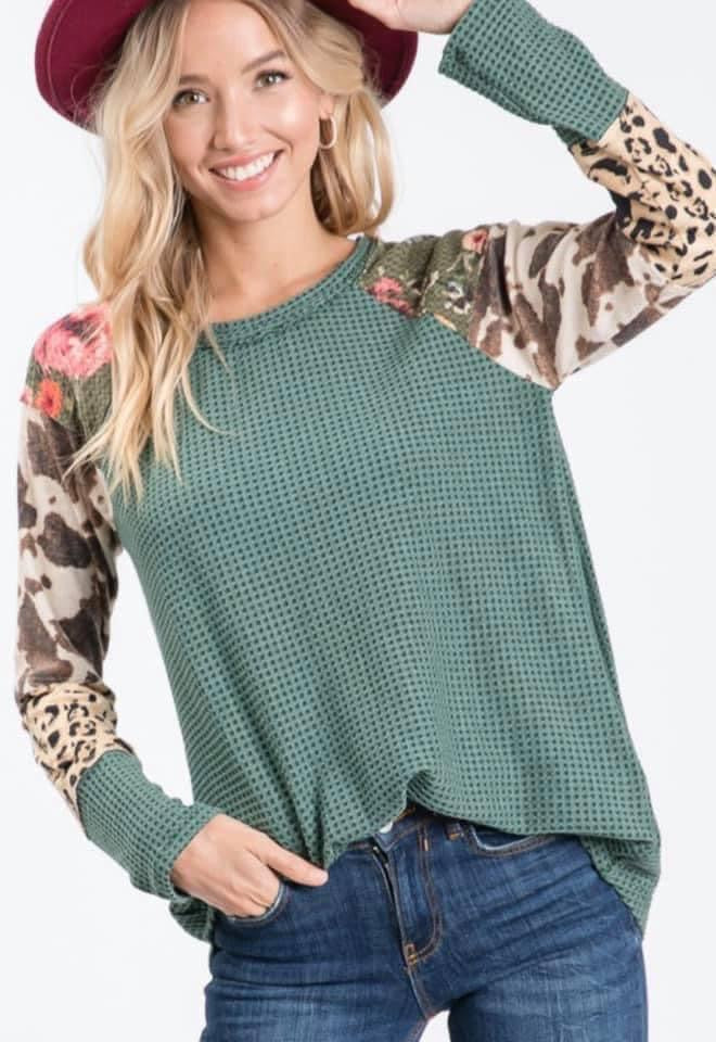 Mixed Fabric/Pattern Sleeve Top